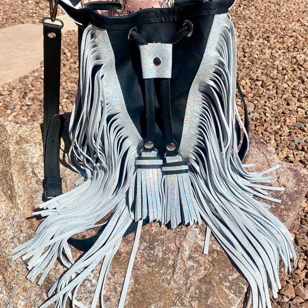 Black and Silver Fringe Bucket Bag